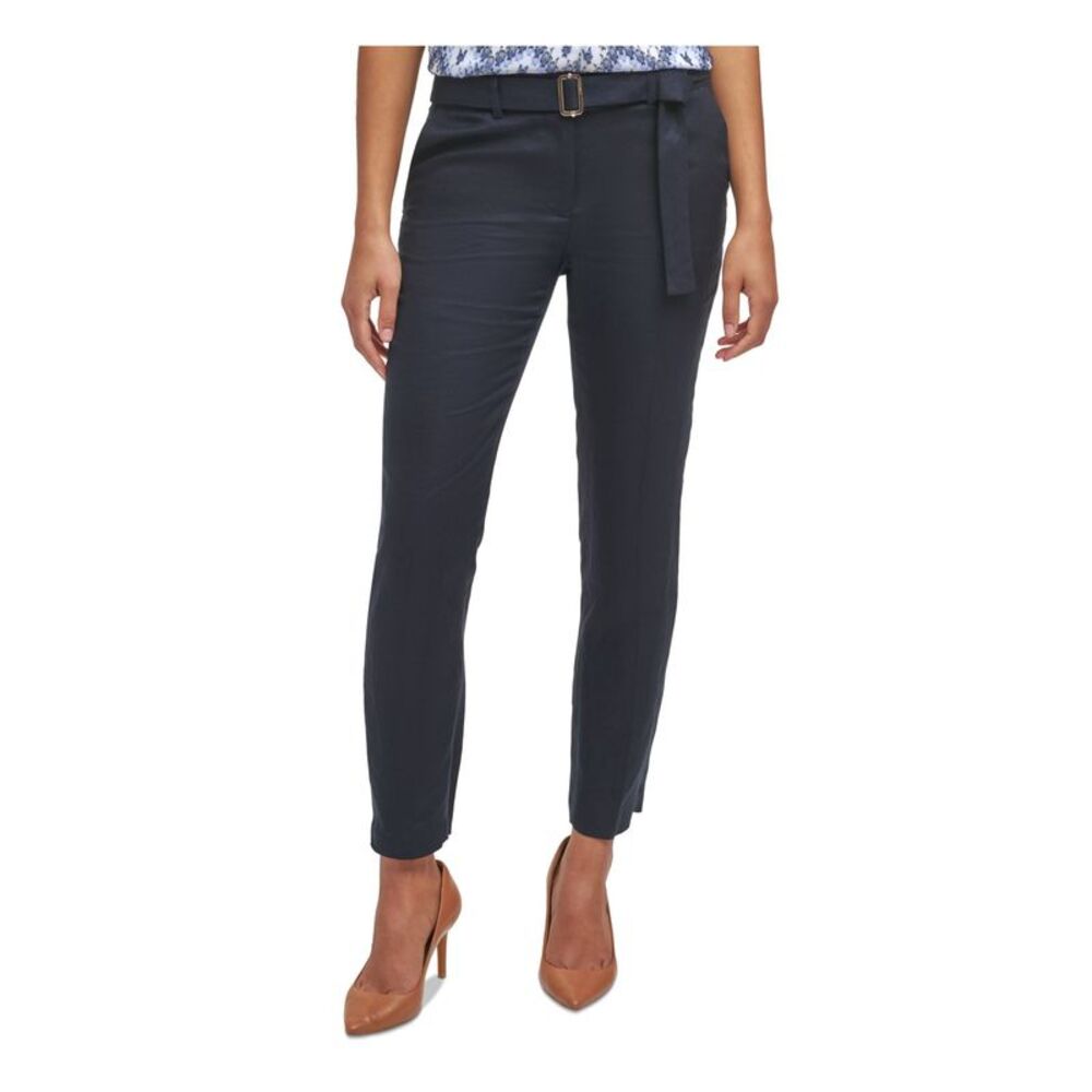 CALVIN KLEIN Womens Navy Zippered Belted Mid Rise Wear To Work Pants Petites 14P
